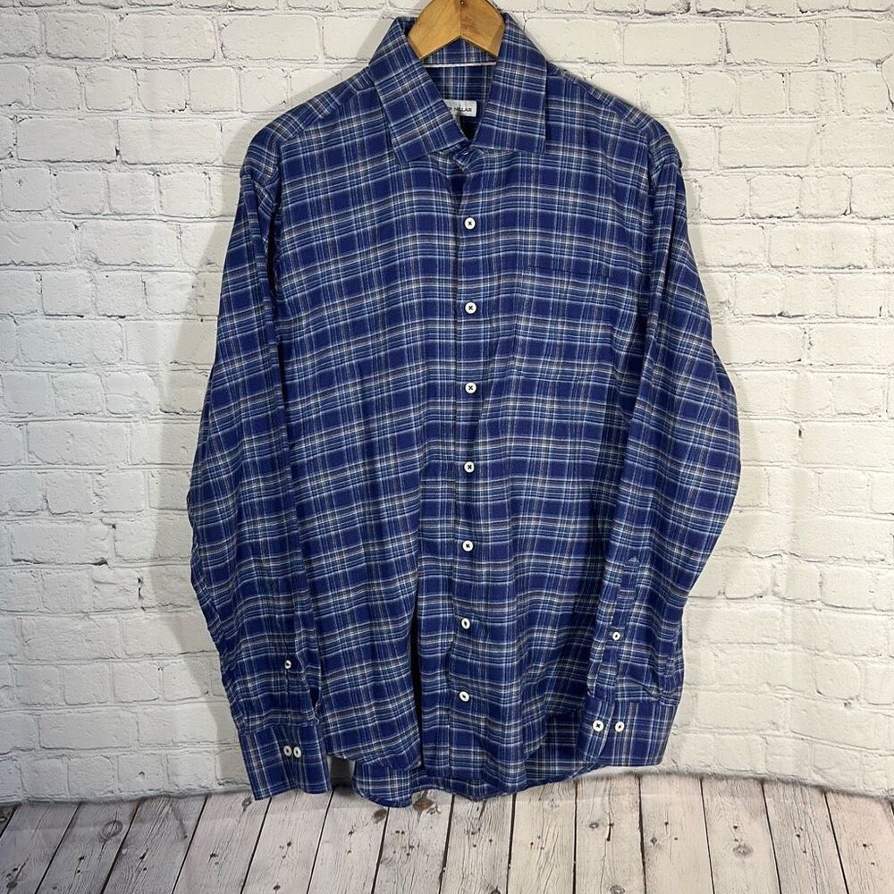 Peter Millar Hugh Flannel Sport Shirt Mens Large Blue Plaid